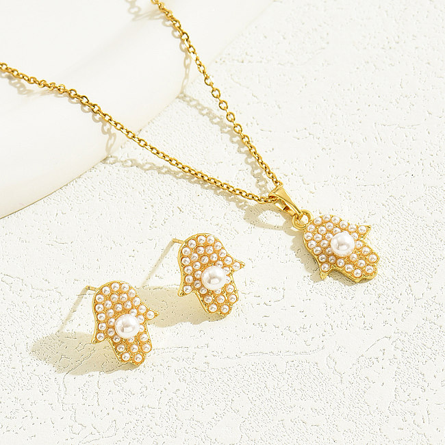 Elegante estilo simples palma de aço inoxidável chapeamento incrustação pérolas artificiais conjunto de joias banhadas a ouro