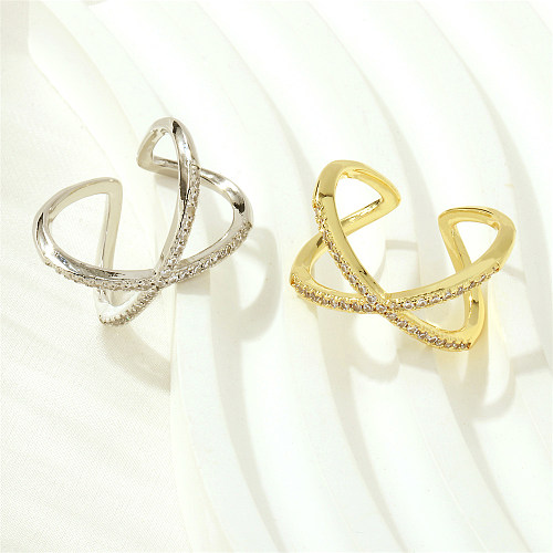 Linhas de estilo simples anéis abertos banhados a ouro do zircão 18K do embutimento do chapeamento de cobre