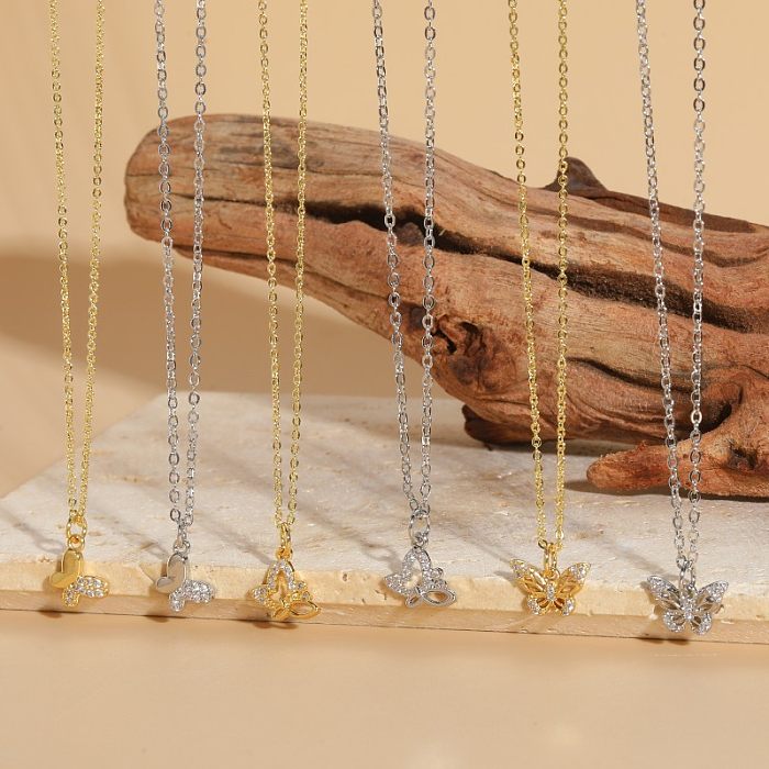Elegante Halskette mit Anhänger im klassischen Schmetterlings-Kupfer-Inlay-Zirkon-Stil mit 14-Karat-Vergoldung