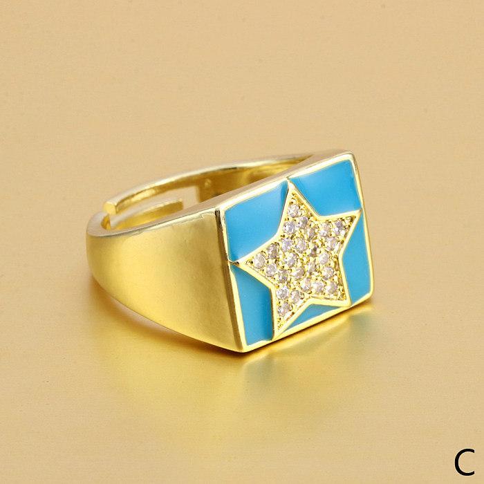 Ethnic Style Simple Style Pentagram Heart Shape Smiley Face Copper Enamel Plating Inlay Zircon Gold Plated Open Ring