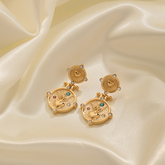 1 par de elegantes pendientes de gota chapados en oro de 18 quilates con incrustaciones de diamantes de imitación de cobre y chapado en ángel clásico