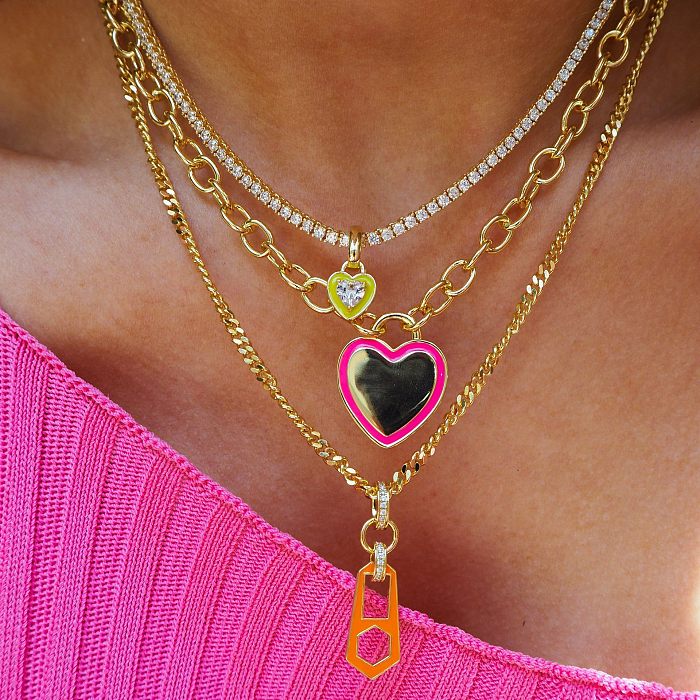 Sweet Heart Shape Copper Plating Inlay Artificial Gemstones 18K Gold Plated Pendant Necklace