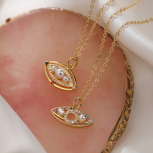 Vintage Style Simple Style Commute Devil'S Eye Copper Plating Hollow Out Inlay Artificial Pearls Zircon 18K Gold Plated Pendant Necklace
