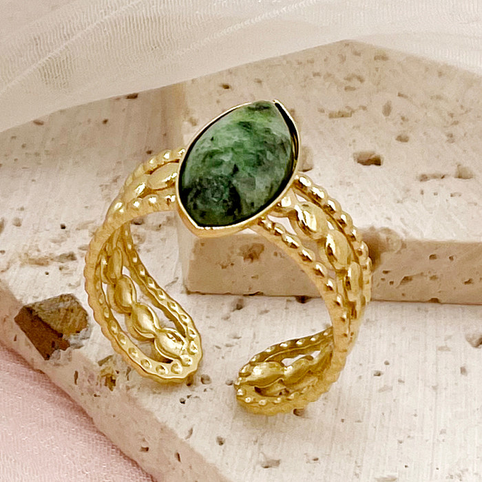 Estilo vintage clássico oval chapeamento de aço inoxidável incrustação de pedra natural anéis abertos banhados a ouro