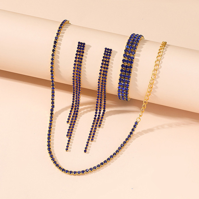 Fashion Geometric Tassel Rhinestone Titanium Steel Bracelets Earrings Necklace 1 Set