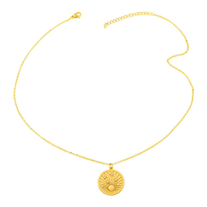 Retro Golden Round Sun Heart Pendant Copper Inlaid Zircon Necklace