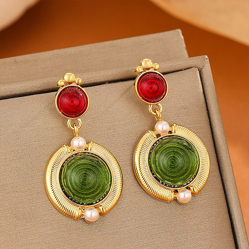 1 Pair Commute Round Plating Frill Inlay Copper Freshwater Pearl 14K Gold Plated Drop Earrings