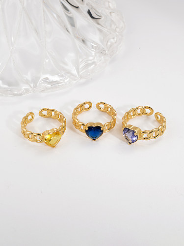 Doce estilo simples forma de coração chapeamento de cobre oco incrustação zircão anel aberto banhado a ouro 18K