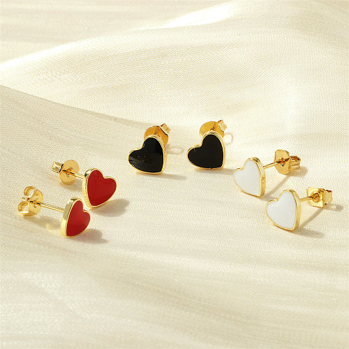 1 paire de clous d'oreilles en cuivre plaqué or 18 carats, Style Simple, en forme de cœur, plaqué émail
