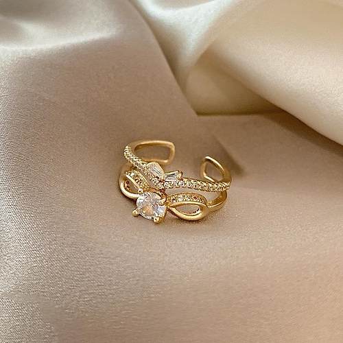 Sweet Bow Knot Copper Plating Inlay Zircon Open Rings