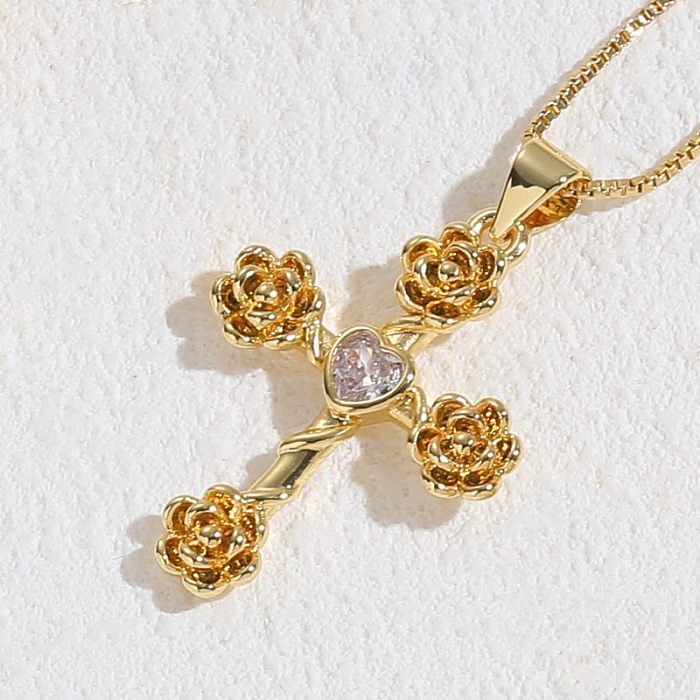 Collier pendentif élégant en forme de croix en forme de cœur avec incrustation de cuivre et de zircon plaqué or 14 carats