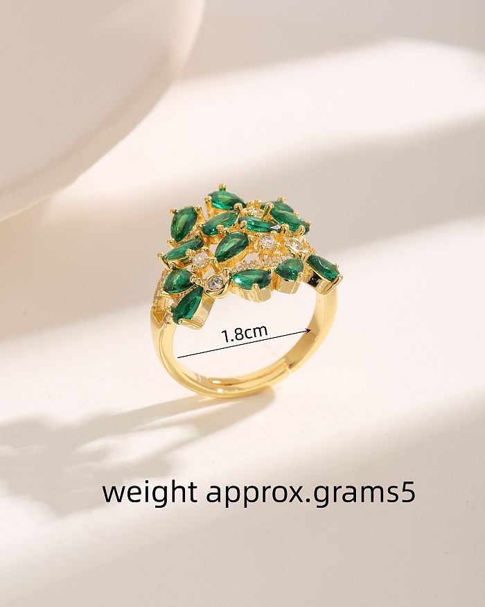 Luxuosas gotas de água flor pétala revestimento de cobre incrustação zircão anéis banhados a ouro 18K