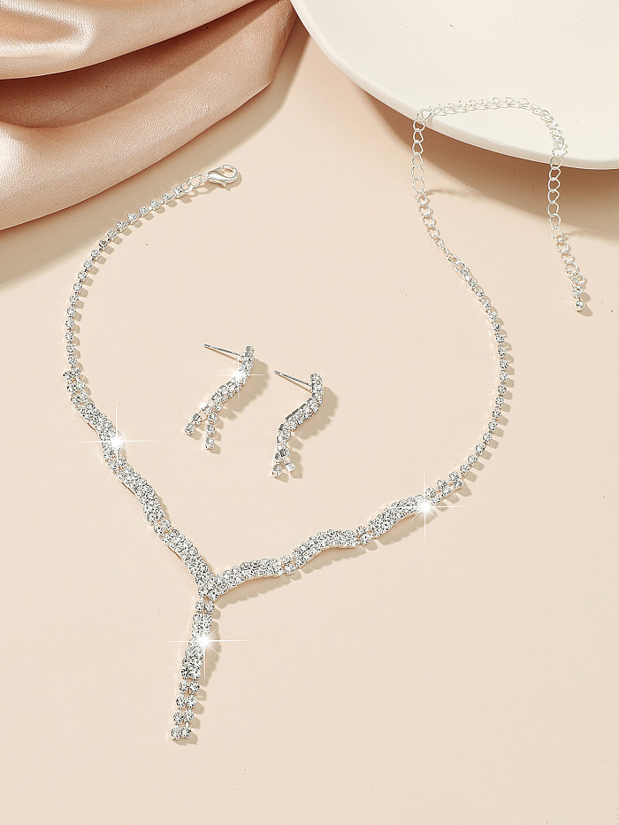 Wholesale Simple Geometric Rhinestone Titanium Steel Necklace Earrings Set jewelry