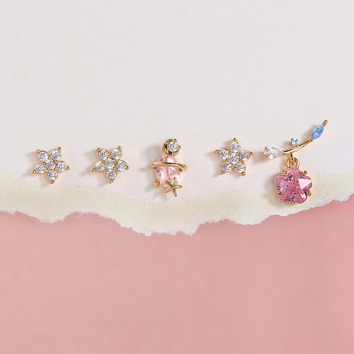Fashion Flower Brass Ear Studs Zircon Copper Earrings