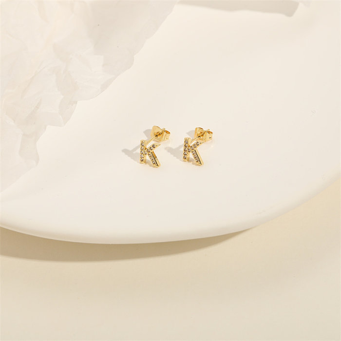 Fashion Letter Copper Gold Plated Zircon Ear Studs 1 Pair