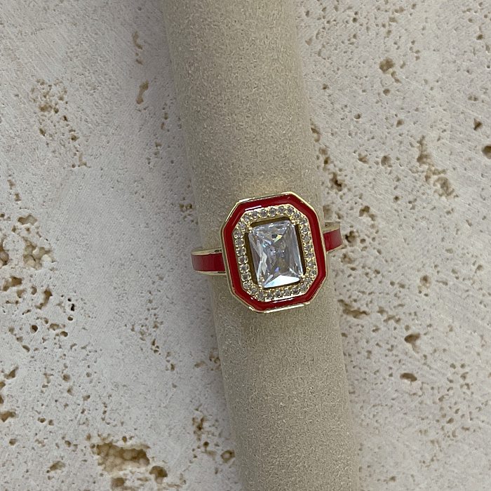 Retro Square Brass Inlay Zircon Open Ring