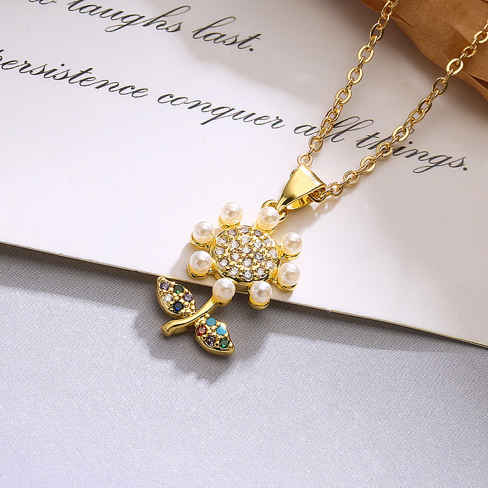 Simple Style Commute Sunflower Copper Plating Inlay Artificial Pearls Diamond 18K Gold Plated Pendant Necklace