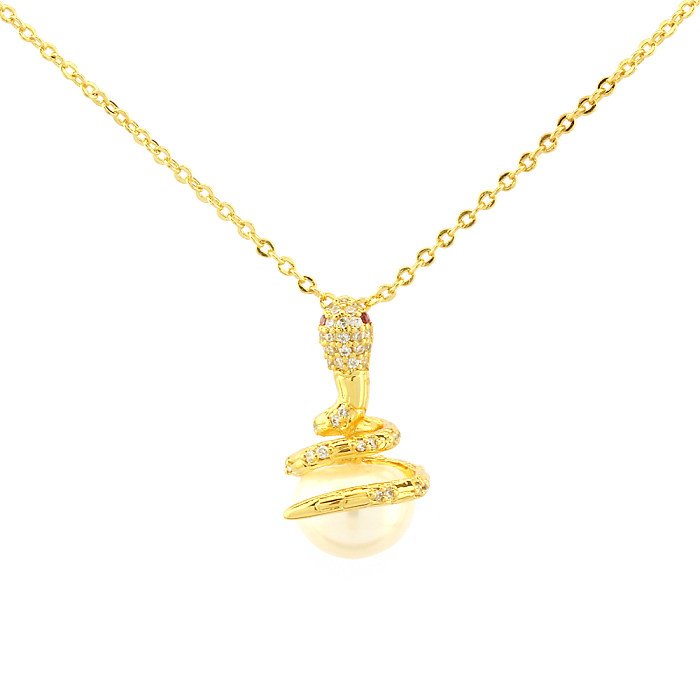 Retro Simple Style Snake Copper Plating Inlay Zircon 18K Gold Plated Pendant Necklace