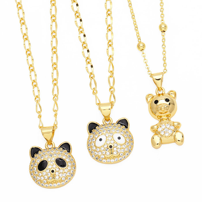 Mignon doux petit ours Panda cuivre placage incrustation Zircon plaqué or 18 carats pendentif collier