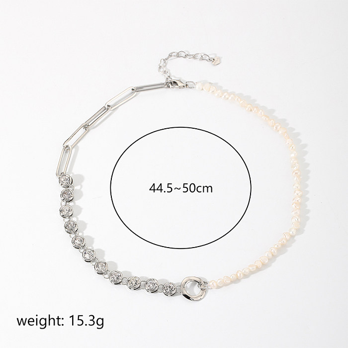 Simple Style Round Copper Plating Inlay Freshwater Pearl Zircon Silver Plated Necklace