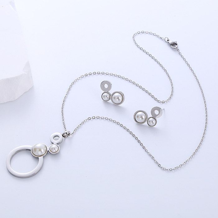 Luxurious Simple Style Round Stainless Steel Plating Inlay Artificial Pearls 18K Gold Plated Earrings Necklace