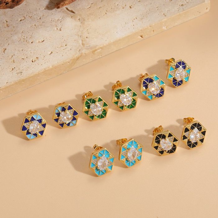 1 Pair Elegant Classic Style Triangle Hexagon Plating Inlay Copper Zircon 14K Gold Plated Ear Studs