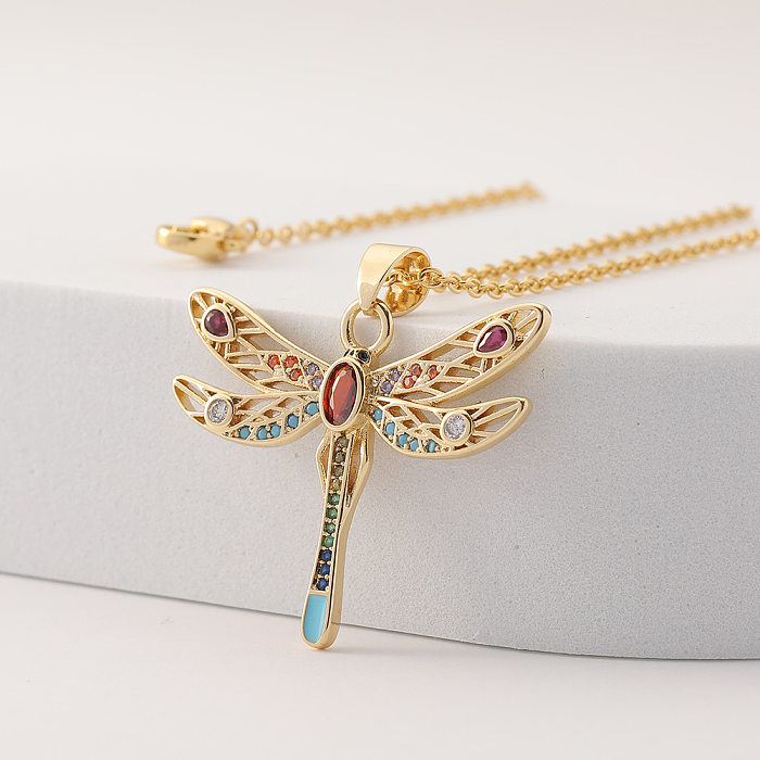 Nova moda feminina cobre incrustado cor zircão libélula pingente colar