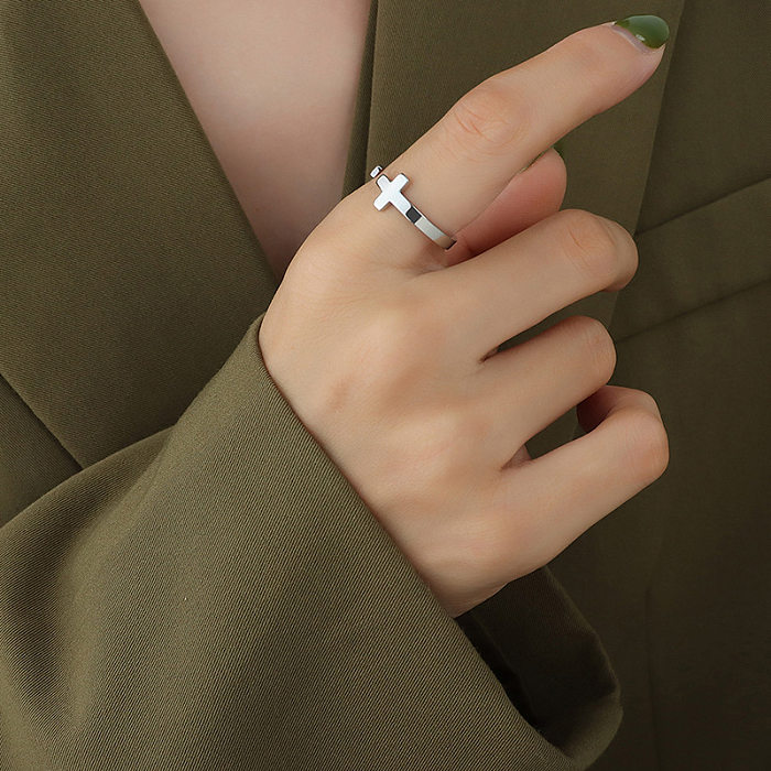 Simple Solid Color Cross Open Titanium Steel Gold Ring