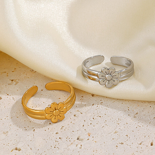 Offene Ringe im schlichten Stil mit Blumen-Edelstahlbeschichtung und 18-Karat-Vergoldung