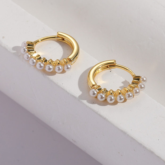 Boucles d'oreilles créoles géométriques en cuivre, 1 paire, perles incrustées, à la mode