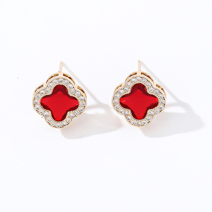1 Pair Vintage Style Sweet Shiny Four Leaf Clover Inlay Copper Zircon Ear Studs