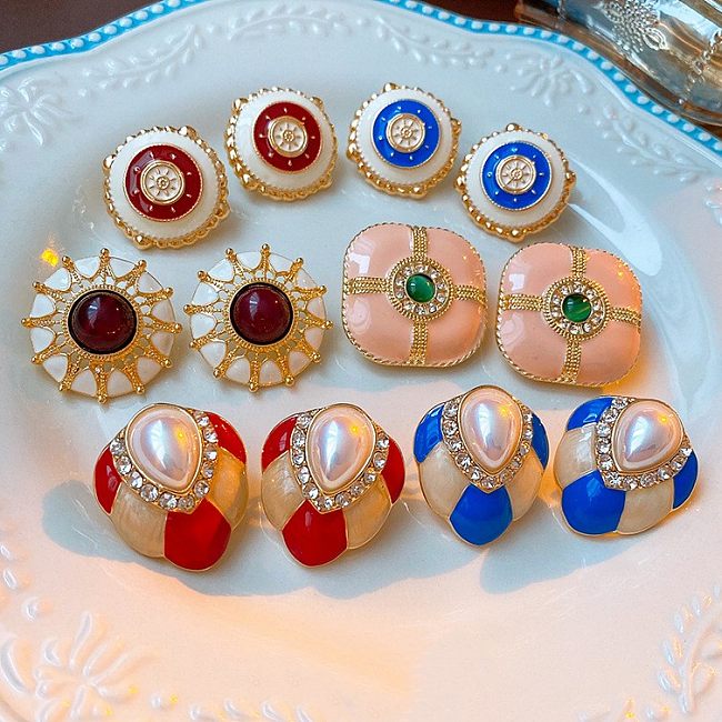 1 Pair Retro Color Block Water Droplets Enamel Inlay Copper Artificial Pearls Rhinestones Ear Studs