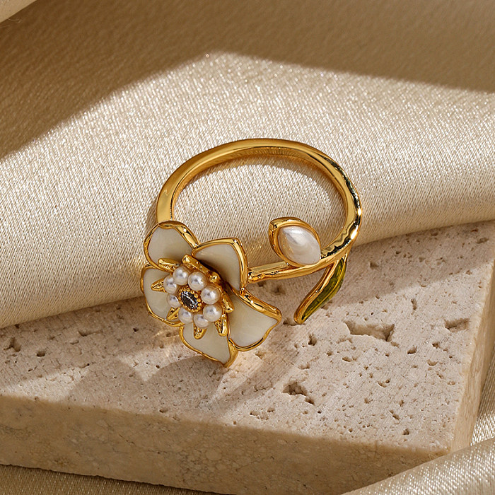 Elegante senhora flor cobre pintado chapeamento incrustação pérolas artificiais diamante artificial 18k banhado a ouro anéis abertos