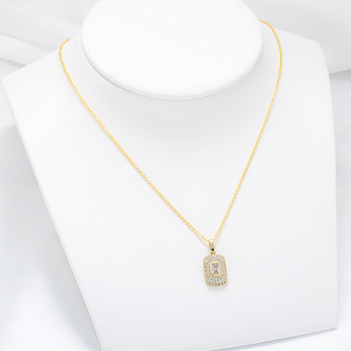 Elegant Luxurious Square Copper Plating Inlay Zircon 18K Gold Plated Pendant Necklace
