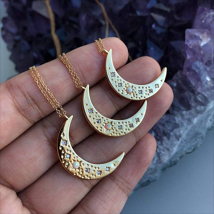 Retro Simple Style Star Moon Copper Plating Inlay Opal Zircon Gold Plated Pendant Necklace