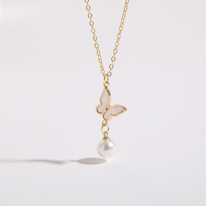 1 Piece Korean Style Star Butterfly Copper Pearl Plating Inlay Shell 14K Gold Plated Pendant Necklace