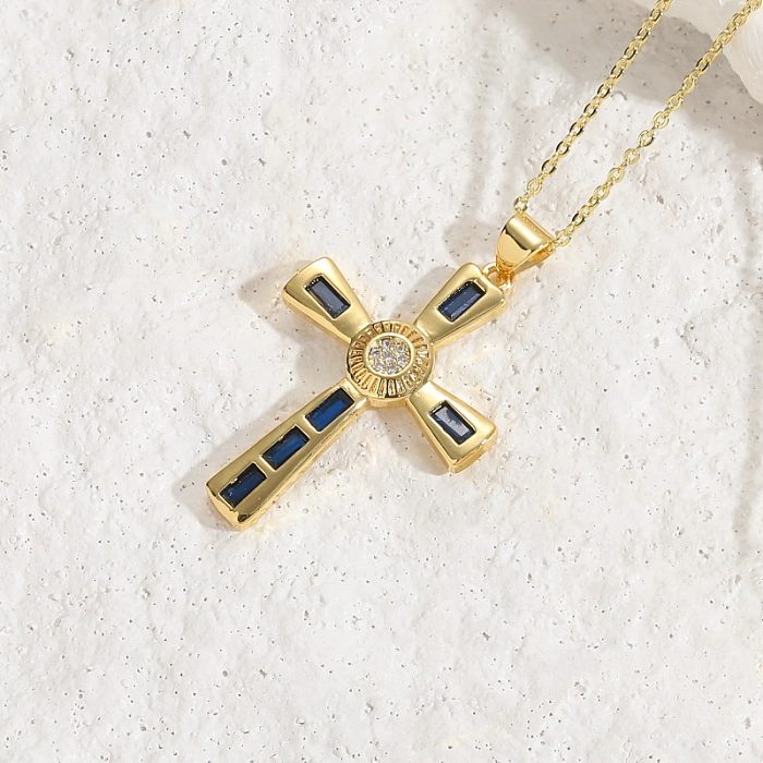 Luxurious Cross Copper Irregular Zircon 14K Gold Plated Pendant Necklace