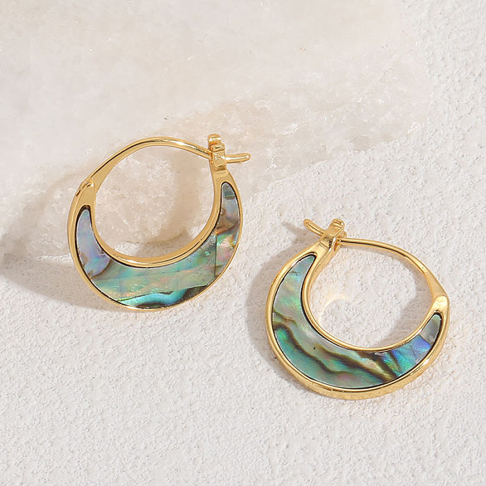 1 Pair Elegant Color Block Moon Plating Inlay Copper Shell 14K Gold Plated Hoop Earrings