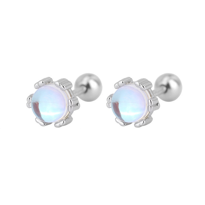 Simple Style Round Copper Inlay Moonstone Ear Studs 1 Pair