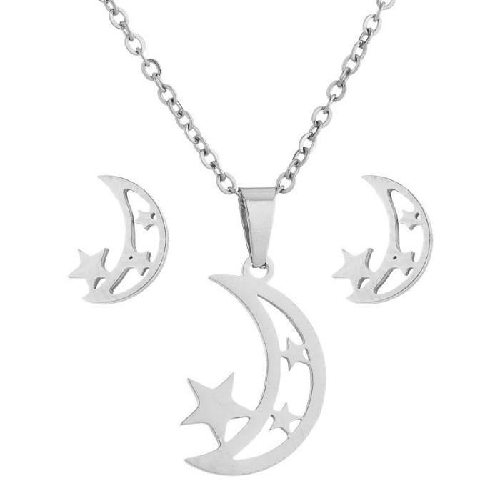 1 ensemble de boucles d'oreilles et collier en acier plaqué titane, étoile, lune, cœur, à la mode