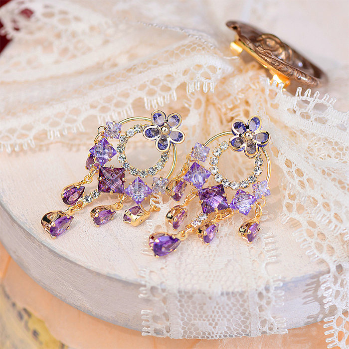 1 Pair Elegant Glam Water Droplets Tassel Flower Plating Inlay Copper Zircon 14K Gold Plated Drop Earrings