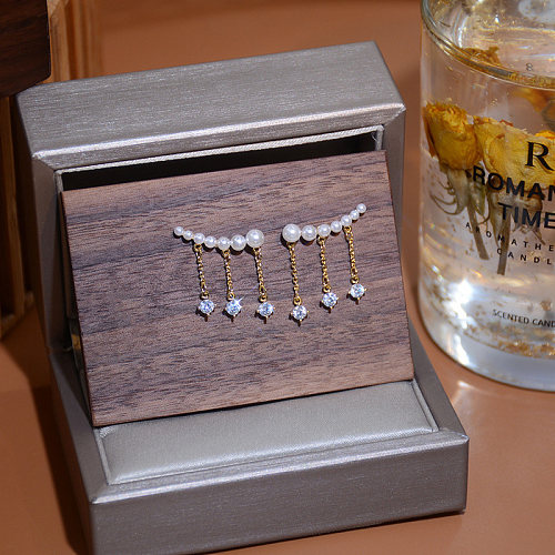 1 paire de boucles d'oreilles Style féerique, Style Simple, incrustation de pampilles en cuivre, perles artificielles en Zircon plaqué or 14K