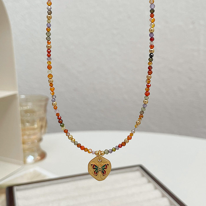 Ethnic Style Butterfly Natural Stone Brass Beaded Enamel Bracelets Necklace