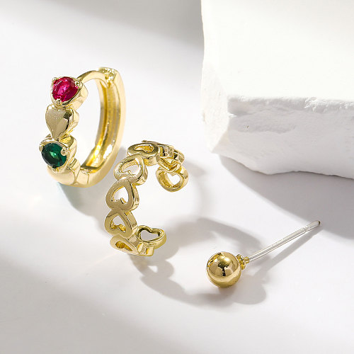 3 peças doce streetwear forma de coração chapeamento incrustação cobre zircão banhado a ouro punhos de orelha