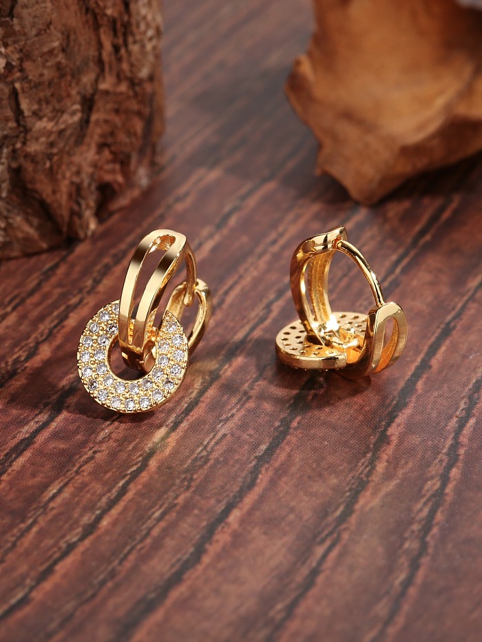 1 paire de boucles d'oreilles pendantes en cuivre et Zircon plaqué or 18 carats, Style simple et basique, cercle de transport ajouré