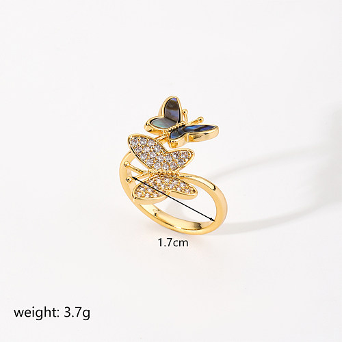 Fashion Butterfly Copper Plating Inlay Shell Zircon 18K Gold Plated Open Rings