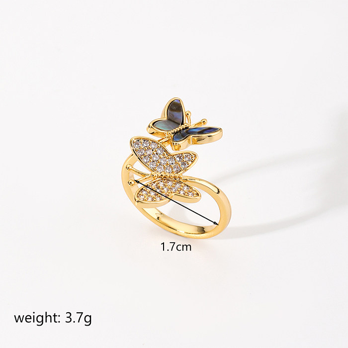 Moda Borboleta Chapeamento de Cobre Inlay Shell Zircon 18K Banhado A Ouro Anéis Abertos