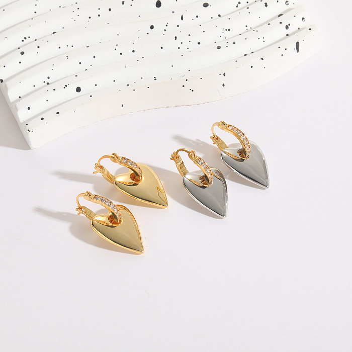 1 Piece Glam Heart Shape Copper Inlay Zircon 18K Gold Plated Drop Earrings