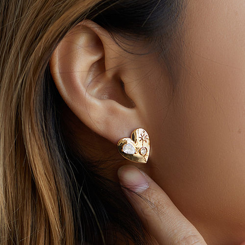1 paire de clous d'oreilles élégants en forme de cœur pour femme, incrustation de cuivre et de Zircon plaqué or 18 carats