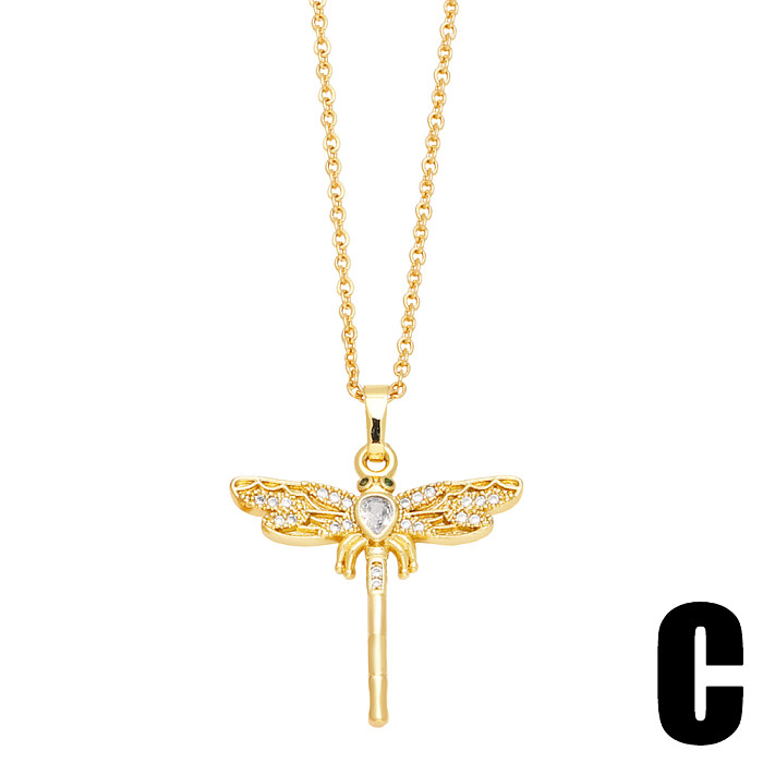 1 Piece Artistic Moon Dragonfly Copper Plating Inlay Zircon 18K Gold Plated Pendant Necklace